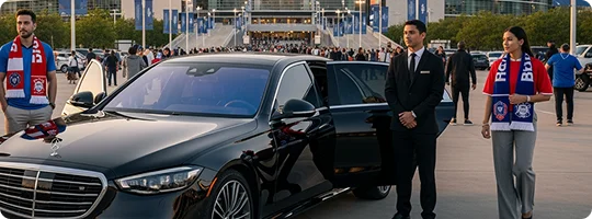 A chauffeur stands by an open black Mercedes-Benz sedan as two sports fans wearing team scarves walk past in a crowded stadium plaza.