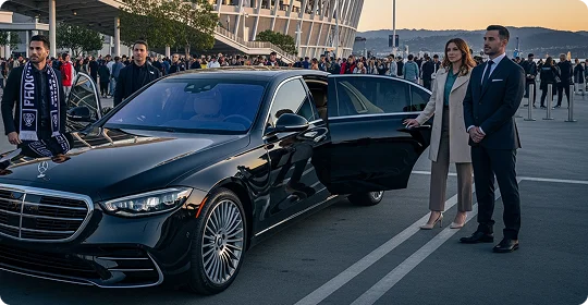 A black Mercedes-Benz S-Class parked in an open lot near a stadium at sunset. A man and a woman in formal business attire stand next to the open passenger door, while a crowd of people is visible in the background.