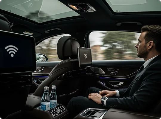 An elegant young man seated in the back of a luxury car. LED screens with Wi-Fi sign are visible at the read end of each front seat. Fresh bottled water is placed in the central compartment and the car is in motion.
