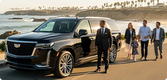 A chauffeur in a suit stands beside a black luxury SUV on a coastal road, while a family (a man, a woman, a young girl, and another man) walks toward the vehicle from the background.