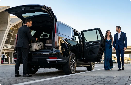 A chauffeur in a black suit loads luggage into the open trunk of a black luxury SUV parked at an airport terminal. A couple in elegant formal wear walks hand in hand toward the open rear passenger door of the vehicle.