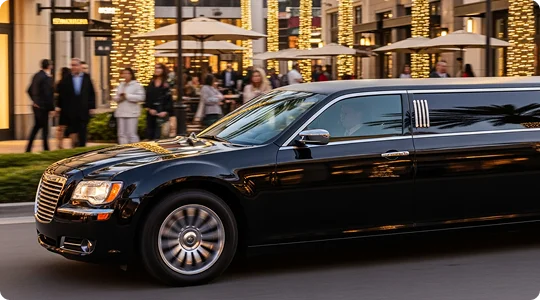 Black stretch limousine driving past a brightly lit shopping area with outdoor dining at night.