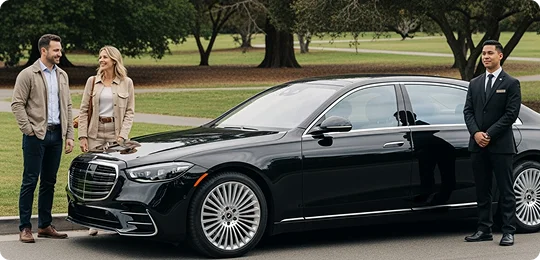 A chauffeur in a dark suit stands next to a black Mercedes-Benz S-Class sedan while a smiling couple dressed in casual clothes stands at the front of the car. The setting is a park or large grassy area with trees.