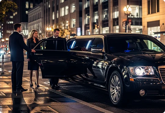 A chauffeur and a second man, both in dark suits, assist a female passenger in a black dress as she steps into a black stretched limousine (appears to be based on a Chrysler 300) parked on a wet city street at night. The background shows illuminated commercial buildings.