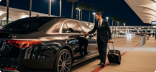 A chauffeur stands next to a black luxury sedan holding luggage in front of the LAX airport terminal at night where palm trees are visible in night lighting in the background.