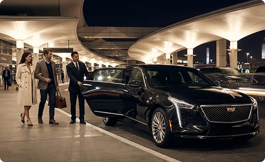 At night, a chauffeur opens the door of a black Cadillac sedan at an airport terminal for a couple; the woman wears a white trench coat and the man carries a leather weekender bag.