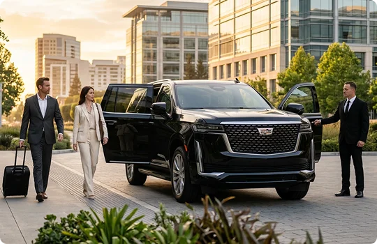 A businessman pulling a rolling suitcase walks next to a businesswoman toward a luxury black Cadillac SUV. A chauffeur in a black suit holds the vehicle's rear door open outside a modern corporate building complex at sunset.