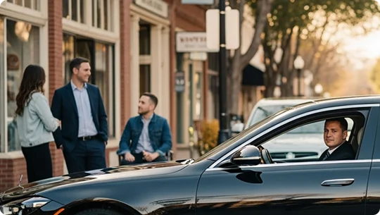 A chauffeur in a black suit is sitting in the driver's seat of a black Mercedes-Benz sedan, looking out at a street scene. Through the car window, two passengers stand talking on the sidewalk while a third man is seated outside a storefront.