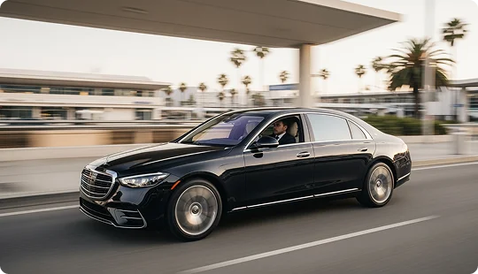 A chauffeur is driving a black Mercedes S-Class sedan down an airport road with palm trees and a building in the background. The car is in motion.