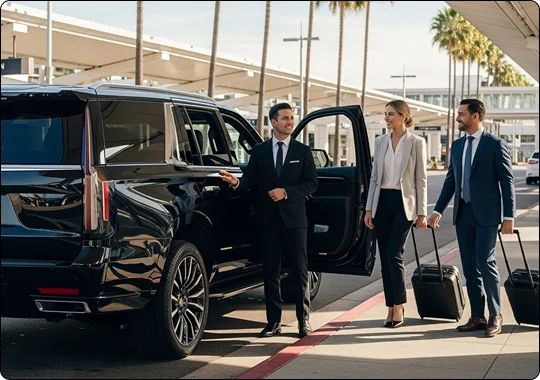 A chauffeur in a suit gestures toward the open rear door of a black Cadillac Escalade SUV for a traveling couple (a man and a woman in business attire) holding rolling luggage at an airport curb.