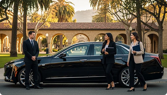A chauffeur in a dark suit stands beside a black luxury sedan (appears to be a Cadillac) parked on a campus or park road. Two female passengers in business attire are walking and smiling toward the front of the vehicle. The background features classical stone archways and large palm trees, suggesting a university or historic setting.