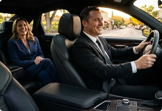 A smiling male chauffeur in a dark suit and tie drives a luxury car down a tree-lined street. A laughing woman in a blue suit sits comfortably in the backseat of the vehicle during golden hour.
