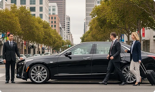 A chauffeur in a dark suit stands beside the front of a black luxury sedan (appears to be a Cadillac) parked on a tree-lined city street. A professional couple in business attire is walking toward the back of the car; the woman is pulling a small, rolling suitcase. Tall buildings line the street in the background.
