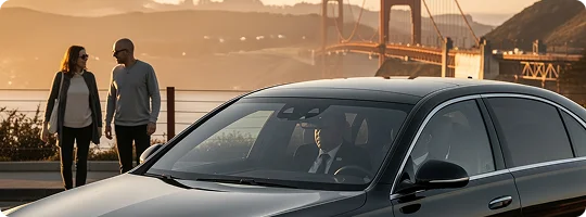 A chauffeur is seen in the driver's seat of a black luxury car, with a couple walking in the background and the Golden Gate Bridge visible at sunset.
