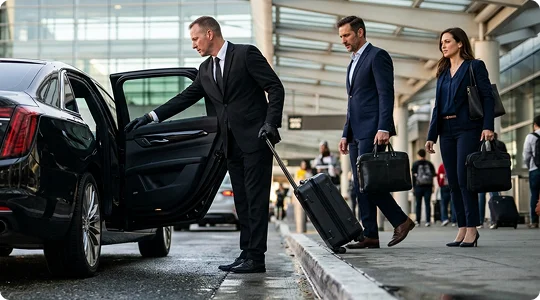 A chauffeur in a suit opens the rear door of a black luxury car while wheeling a black suitcase along the curb. Two business professionals carrying briefcases walk towards the vehicle outside an airport terminal.