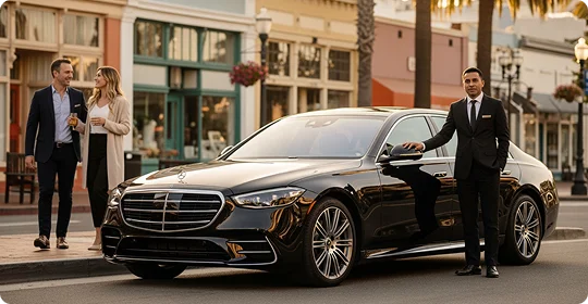 A chauffeur in a dark suit stands beside a black Mercedes-Benz S-Class sedan parked on a sunny, upscale commercial street. He is looking at the camera while a well-dressed couple walks away from the car in the background, smiling at each other. The street is lined with palm trees and classic storefront architecture.
