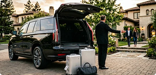 A chauffeur in a black suit stands next to the open trunk of a black luxury SUV, gesturing toward a couple walking from a large estate. Two silver rolling suitcases and a black duffel bag sit on the paved driveway behind the vehicle.