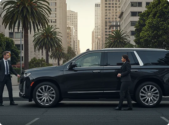 Two chauffeurs in sleek black suits approach a luxury SUV on a palm-lined downtown street, framed by tall buildings and morning light.