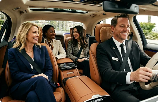 A smiling male chauffeur in a professional suit and tie drives a luxury car with premium tan leather seats. Well-dressed female passengers are sitting comfortably in the cabin, smiling and talking with each other during the ride.