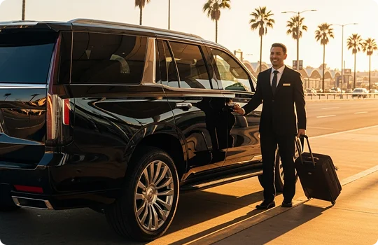 A chauffeur opens the door of his Cadillac Escalate while holding a luggage bag at a roadway with palm trees visible in golden sunlight.