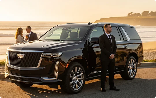 A chauffeur in a black suit stands next to a black Cadillac Escalade SUV with a couple socializing by the ocean or beach at sunset in the background.