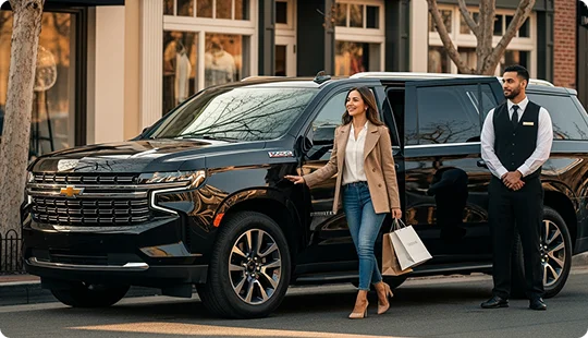 A smiling young lady who just exited a luxury black Chevrolet SUV from the rear seating is walking while holding shopping bags seemingly going for shopping while the chauffeur stands with the rear door opened smiling. The car is parked outside a VIP shopping area with local VIP shops visible in the background.