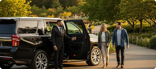 A professional chauffeur in a dark suit holds the door open on a black luxury SUV for a smiling man and woman walking toward the vehicle in a park-like setting.