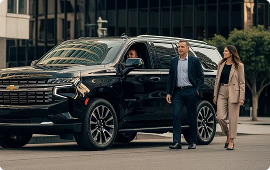 A chauffeur is in the driver's seat of a black Chevrolet Suburban as a businessman and a businesswoman walk past the vehicle on a city street.