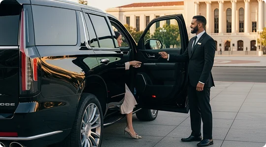 A chauffeur assisting a lady exit a black Cadillac Escalade in front of an official building visible in the background.
