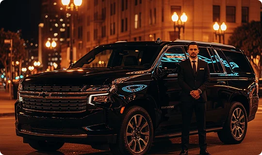 A chauffeur in a suit stands next to a large black SUV (Chevrolet Suburban) on a city street at night, illuminated by warm streetlights.