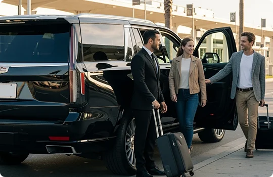 A chauffeur assists a man and a woman with their luggage as they get into a large black luxury SUV at an airport curb.