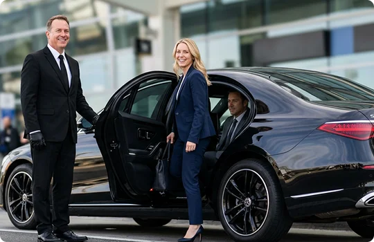 A smiling male chauffeur in a black suit holds open the rear door of a black luxury sedan. A blonde businesswoman in a blue suit steps out of the vehicle smiling, while a male passenger remains seated inside.
