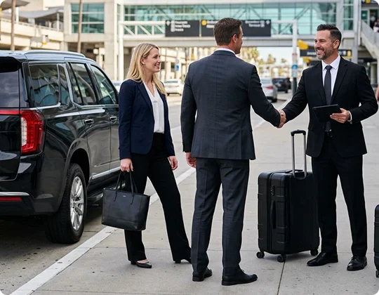 A professional chauffeur in a black suit shakes hands with a businessman on an airport sidewalk next to rolling luggage. A businesswoman in a blazer stands nearby with her handbag beside a parked black luxury SUV.