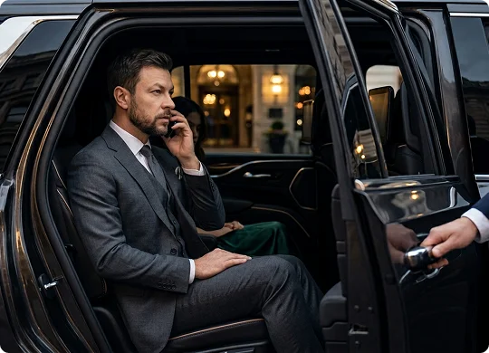 A man in a grey suit and tie talks on a smartphone while sitting in the back seat of a luxury vehicle. An open passenger door is held by a driver, with a woman in a green dress partially visible next to the man.