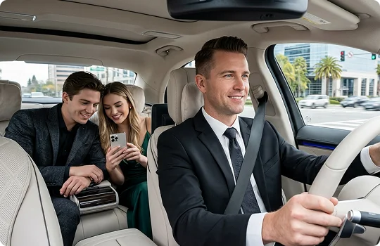 A smiling chauffeur in a black suit and tie drives a luxury car with a tan leather interior through a city street. In the back seat, a smiling young man and a woman in a green dress look at a smartphone together.