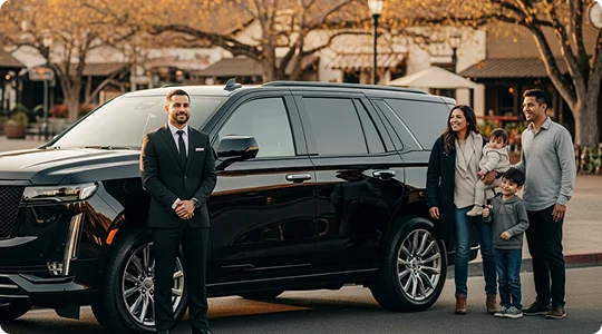 A professional chauffeur stands next to a black luxury SUV while a happy family, consisting of a man, woman, and two young children, stands on the other side of the vehicle in a shopping or town center.