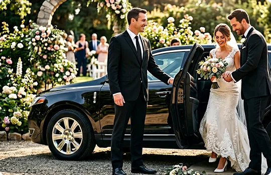 A chauffeur in a black suit holds open the door of a luxury black car for a smiling bride and groom. The bride wearing a lace wedding gown steps out of the vehicle at an outdoor venue adorned with floral arrangements.