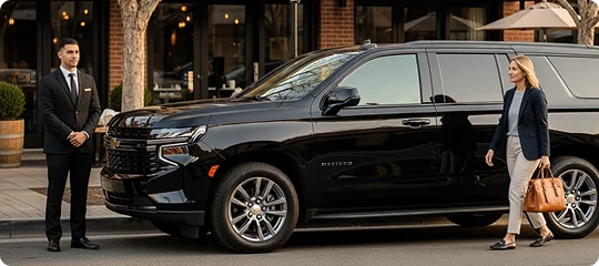 A chauffeur in a black suit with a yellow accent on his lapel stands by the front of a black Chevrolet Suburban SUV. A female passenger, dressed in business casual with a brown leather bag, is walking toward the rear of the vehicle on a tree-lined city street.