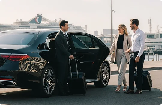 A uniformed chauffeur stands by a black Mercedes-Benz S-Class sedan with the door open, ready to assist a couple (two passengers) with their rolling luggage near a cruise ship terminal, highlighting a luxury transfer service for a cruise departure or arrival.