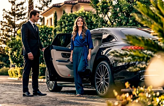 A smiling woman wearing a blue wrap top and dark trousers steps away from a black luxury sedan. A male driver in a black suit and tie holds the rear passenger door open on a stone driveway outside a large house.