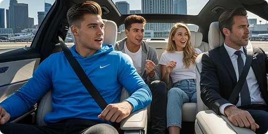 Interior view of a luxury car with a chauffeur driving three smiling young passengers past an airport.