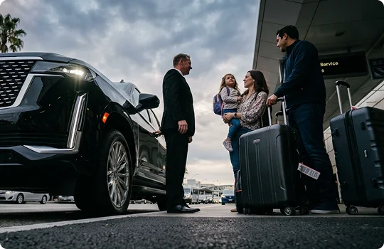 A professional chauffeur in a black suit stands next to a luxury black SUV at an airport passenger pickup area, greeting a family. A man and a woman stand with large rolling suitcases on the sidewalk while the woman cradles a young child in her arms.