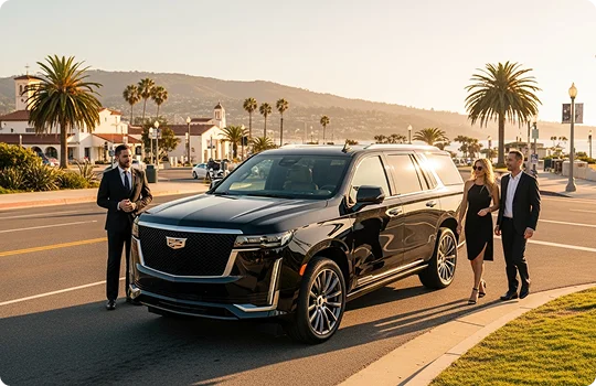 A chauffeur in a suit stands next to a black Cadillac Escalade SUV as a couple approaches the vehicle in a coastal town.