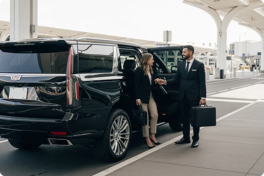 At an airport terminal, a chauffeur in a suit holds a briefcase and helps a woman out of the back of a large black luxury SUV.