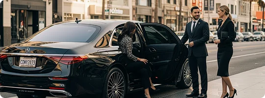 A suited chauffeur assists two ladies getting seated in the rear seating of his black Mercedes Benz S-class. The car is parked near the sidewalk in a busy city area. 