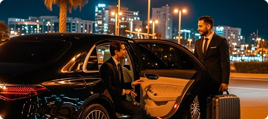 A chauffeur greets a passenger exiting a black luxury sedan at night against a brightly lit city skyline.