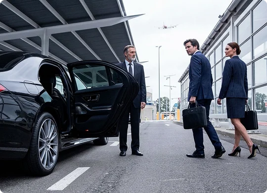 A chauffeur in a suit holds open the door of a luxury black car for two business professionals. The man and woman carry briefcases as they walk toward the car outside an airport terminal with a plane overhead.