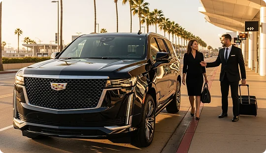 A handsome chauffeur escorts a graceful lady towards a black Cadillac Escalate SUV parked on an airport terminal drop-off probably at LAX airport. Beautiful moderate sunlight shines over everything while palm trees and street lights are visible in the background.