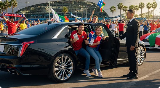 A wide-angle shot shows two excited sports fans, a man and a woman in red jerseys and jeans, leaning out of the back door of a luxury black sedan. They are holding tickets and flags, smiling broadly as they arrive at a sunny outdoor stadium. A chauffeur in a black suit holds the car door open for them. In the background, a vibrant crowd of fans waves various colorful flags and banners under palm trees, creating a festive, high-energy atmosphere.