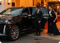 A chauffeur in a tuxedo holds the door of a black luxury SUV for a formally dressed couple outside an elegant building entrance at night.